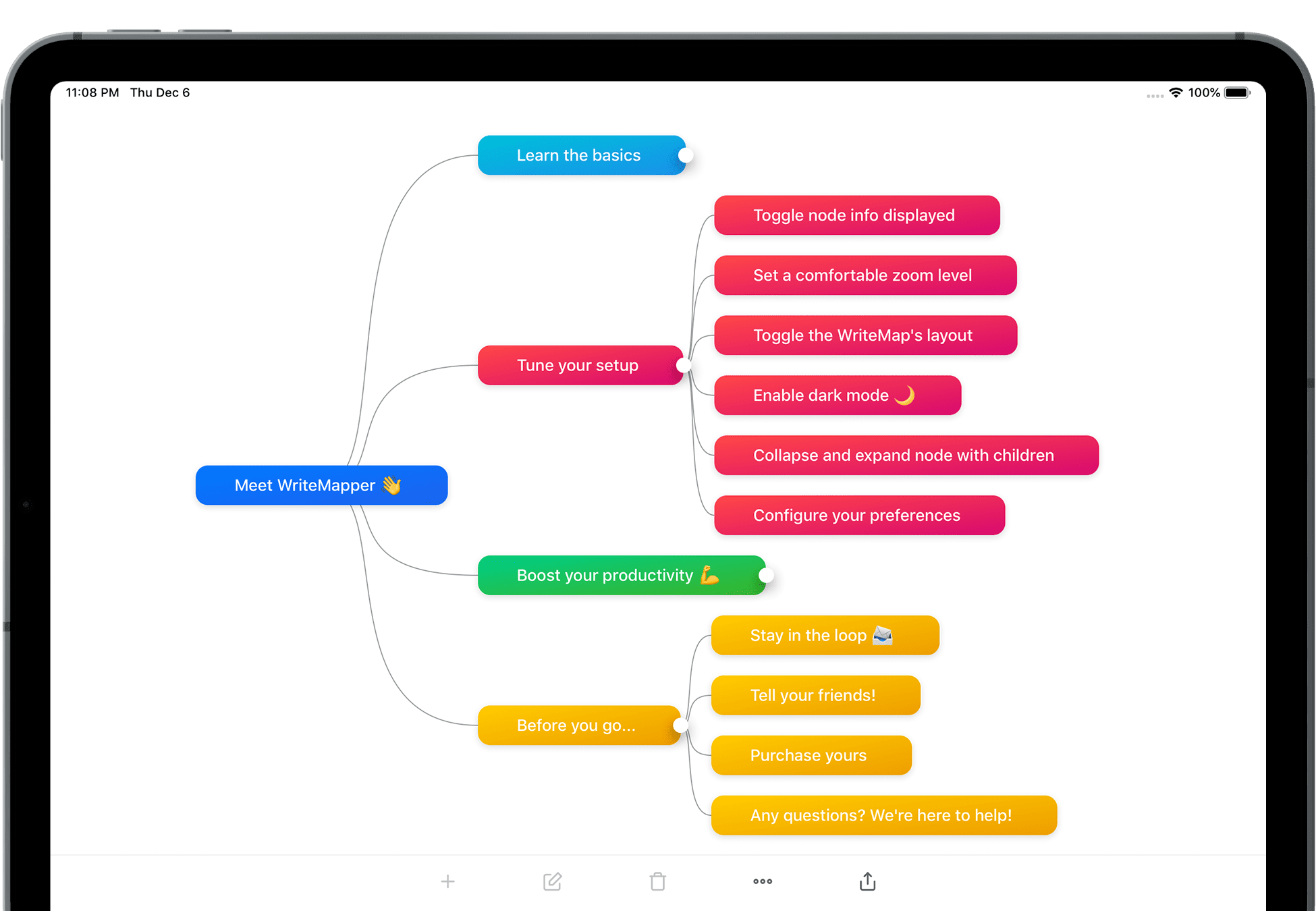 An iPad screenshot of WriteMapper, an outlining software tool for academic, research and essay writing.