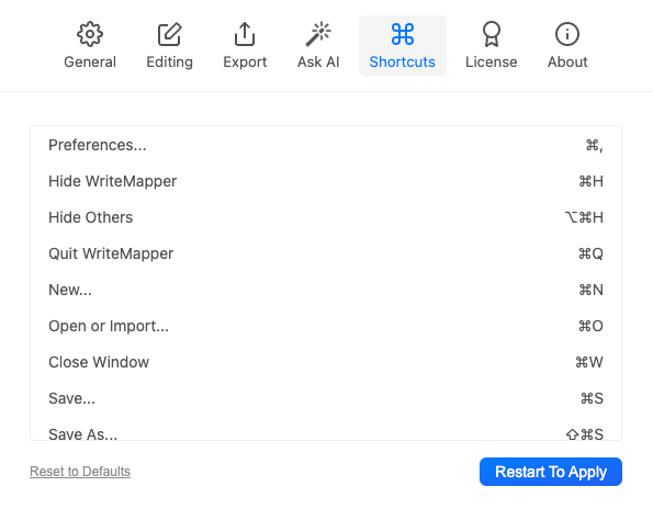 WriteMapper - Keyboard Shortcuts