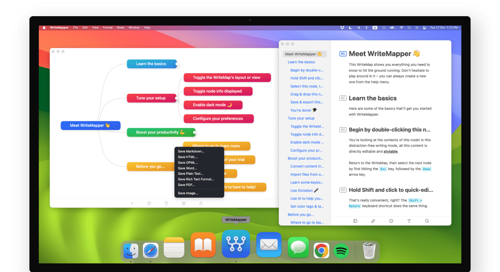 A screenshot of WriteMapper, writing productivity software for technical writers that uses AI and mind maps.