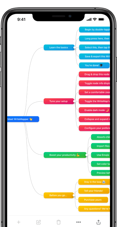 An iPhone screenshot of WriteMapper, an outlining software tool for academic, research and essay writing.